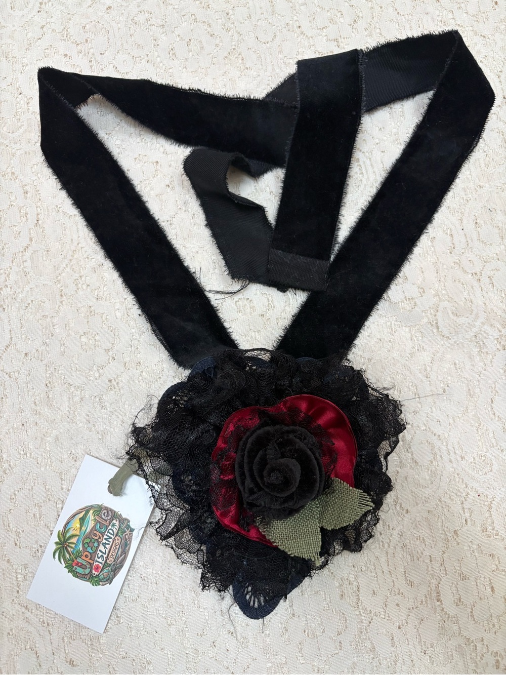 Vintage-Inspired Black Velvet Floral Choker / Jabot with Red Accent